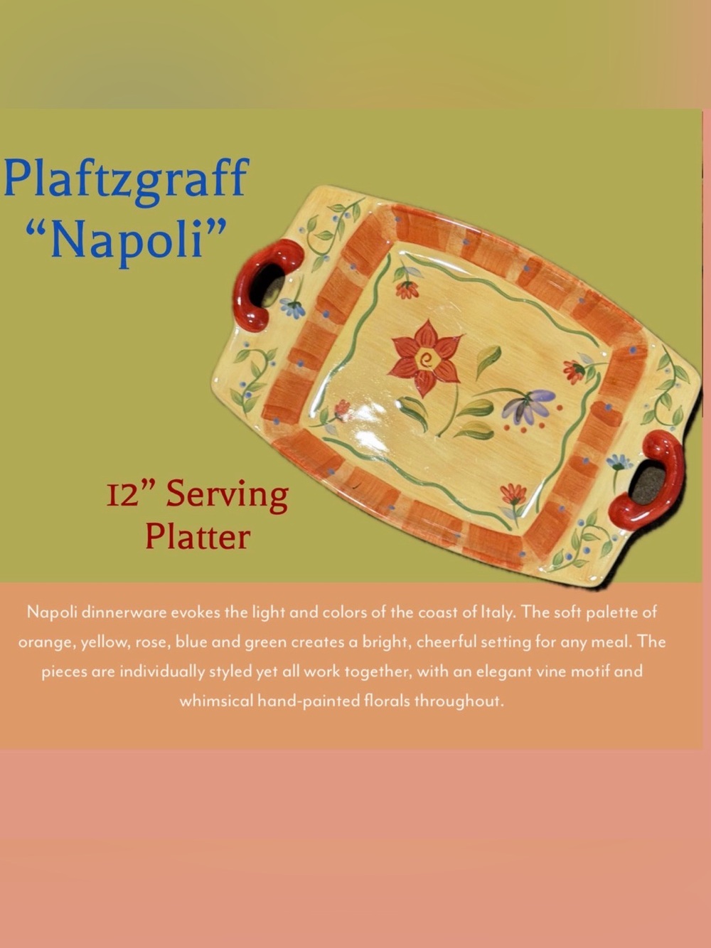 Pfaltzgraff Napoli Hand-Painted Serving Tray with Red Handles 12.5" × 8"